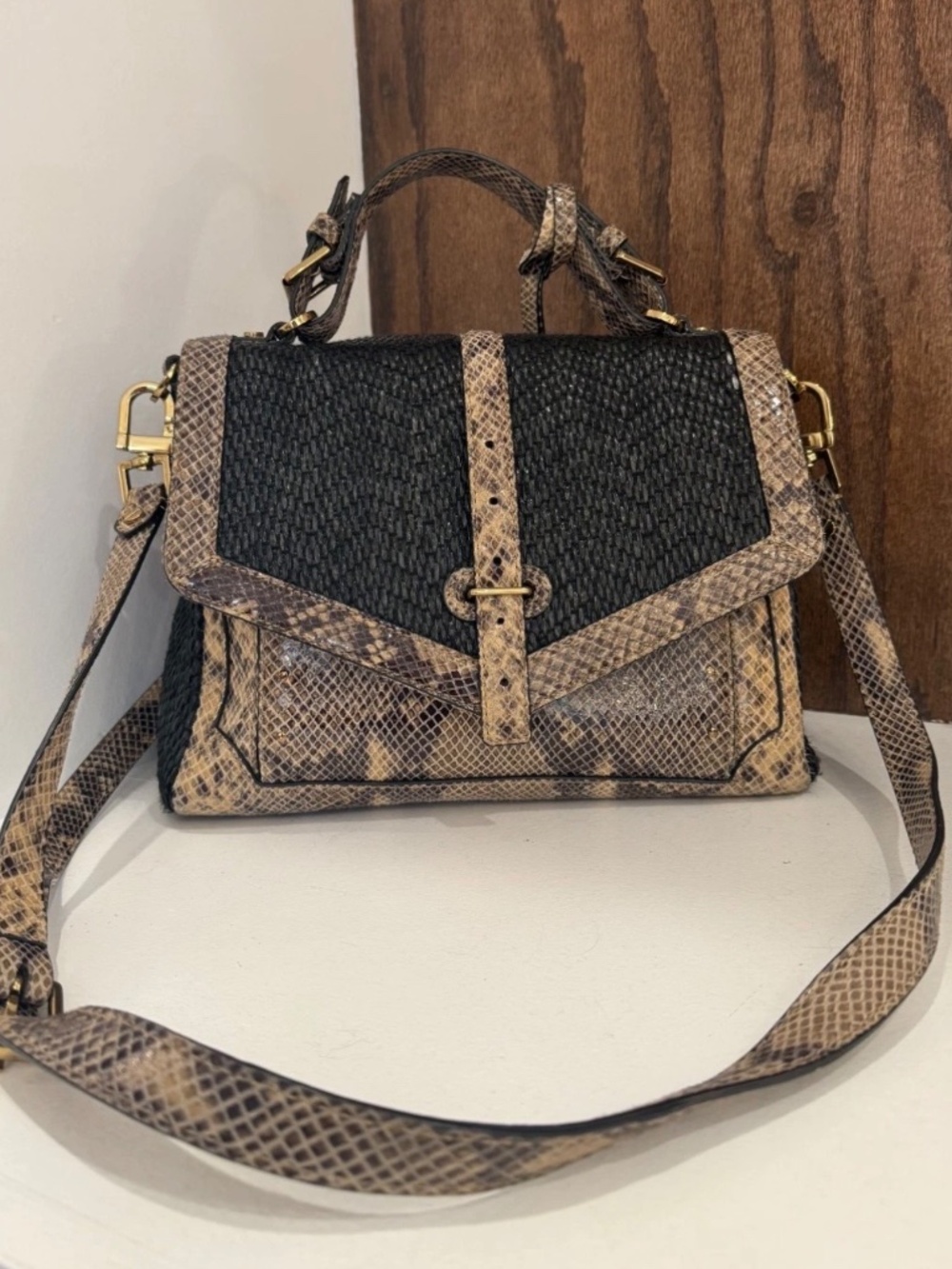 Tory Burch Black Woven and Snake-Print Brown Top Handle Shoulder Bag - Picture 2 of 16